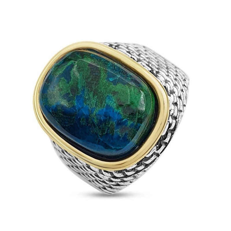 Deluxe Eilat Stone, Silver and Gold Filled Ring - Old Jerusalem Motif